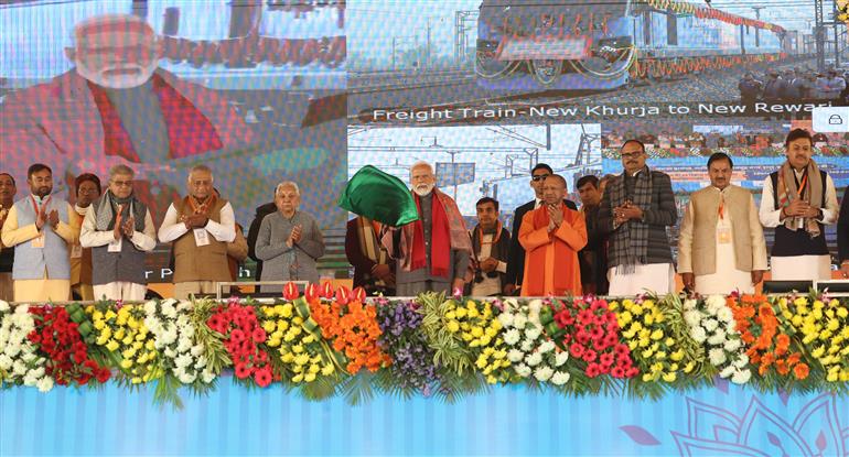 PM inaugurates and lays the foundation stone of various development projects at Bulandshahr, in Uttar Pradesh on January 25, 2024.