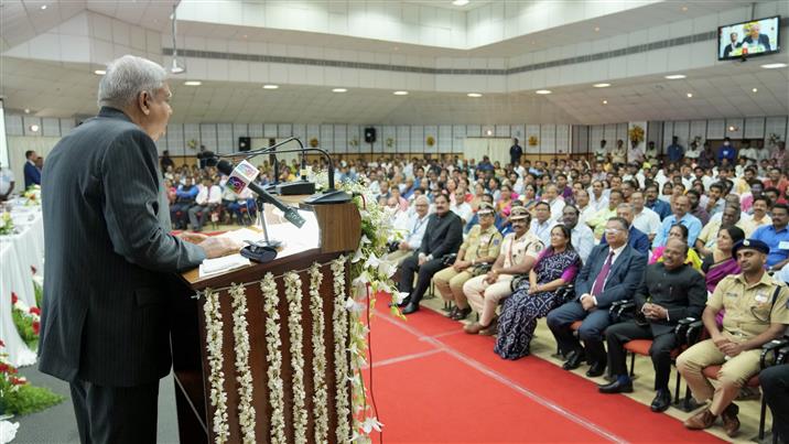 The Vice President and Chairman, Rajya Sabha & ex-officio Chancellor of Pondicherry University, Shri Jagdeep Dhankhar interacting with students of the Pondicherry university on the theme ‘Viksit Bharat by 2047’, in Puducherry on January 28, 2024.