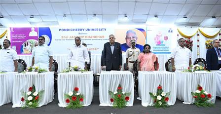 The Vice President and Chairman, Rajya Sabha & ex-officio Chancellor of Pondicherry University, Shri Jagdeep Dhankhar interacting with students of the Pondicherry university on the theme ‘Viksit Bharat by 2047’, in Puducherry on January 28, 2024.