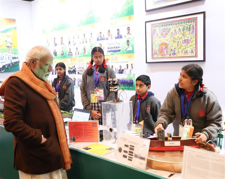 PM visits an exhibition ahead of 7th edition of Pariksha Pe Charcha (PPC) at Bharat Mandapam, in New Delhi on January 29, 2024. 