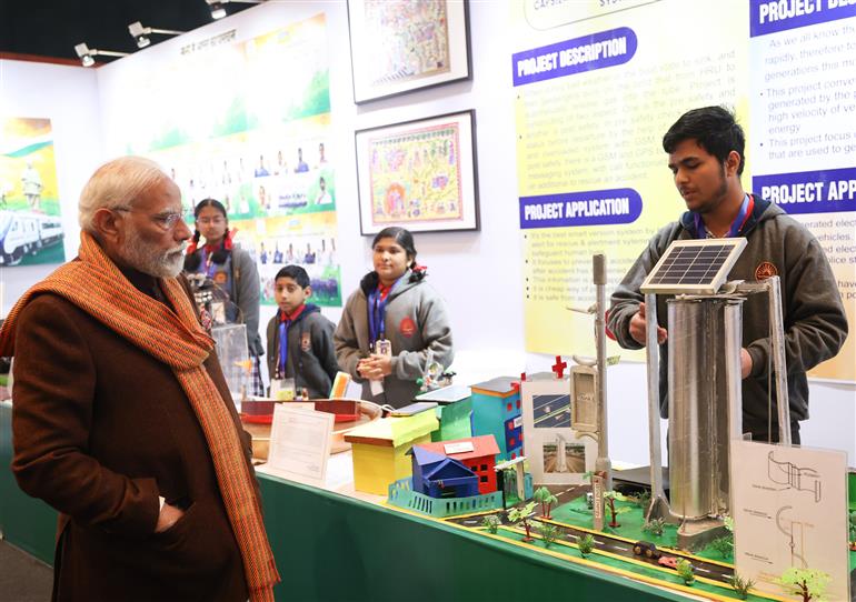 PM visits an exhibition ahead of 7th edition of Pariksha Pe Charcha (PPC) at Bharat Mandapam, in New Delhi on January 29, 2024. 