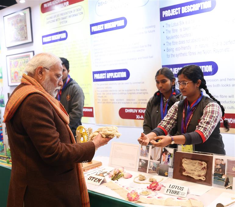 PM visits an exhibition ahead of 7th edition of Pariksha Pe Charcha (PPC) at Bharat Mandapam, in New Delhi on January 29, 2024. 