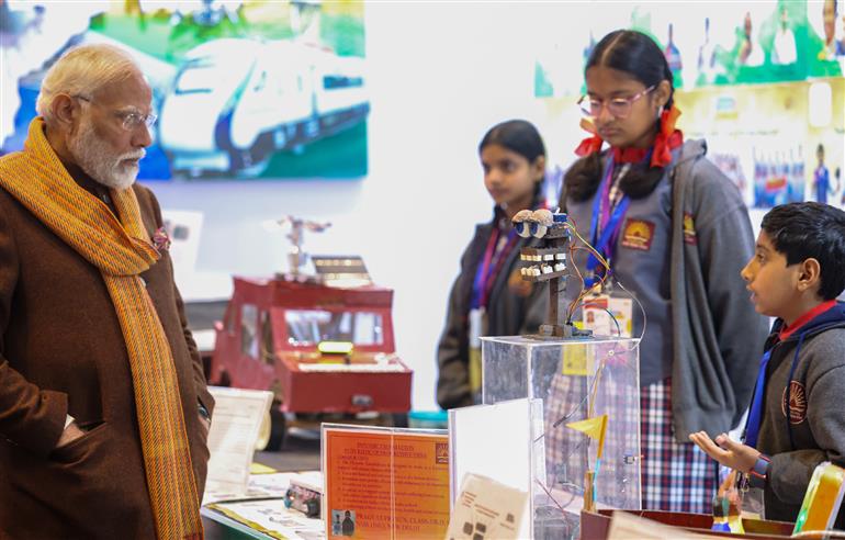 PM visits an exhibition ahead of 7th edition of Pariksha Pe Charcha (PPC) at Bharat Mandapam, in New Delhi on January 29, 2024. 