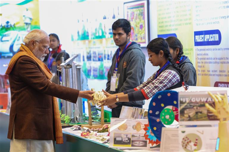 PM visits an exhibition ahead of 7th edition of Pariksha Pe Charcha (PPC) at Bharat Mandapam, in New Delhi on January 29, 2024. 