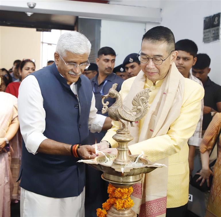 The Union Minister of Culture and Tourism, Shri Gajendra Singh Shekhawat and Foreign Minister of Thailand, Mr. Maris Sangiampongsa lighting the lamp at the inauguration of the photo exhibition ‘Thailand-India Interwoven Legacies: Stream of Faith in Buddhism’ at the Special Exhibition National Museum, in New Delhi on July 11, 2024.