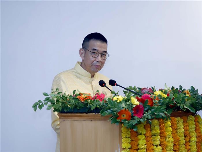 The Foreign Minister of Thailand, Mr. Maris Sangiampongsa addressing at the inauguration of the photo exhibition ‘Thailand-India Interwoven Legacies: Stream of Faith in Buddhism’ at National Museum, in New Delhi on July 11, 2024.