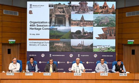 The Union Minister of Culture and Tourism, Shri Gajendra Singh Shekhawat holding a curtain raiser Press Conference on 46th session of UNESCO’s World Heritage Committee Meeting at National Media Centre, in New Delhi on July 19, 2024.