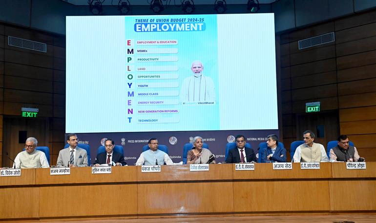 The Union Minister for Finance and Corporate Affairs, Smt. Nirmala Sitharaman addresses a Post Budget Press Conference at National Media Centre, in New Delhi on July 23, 2024.