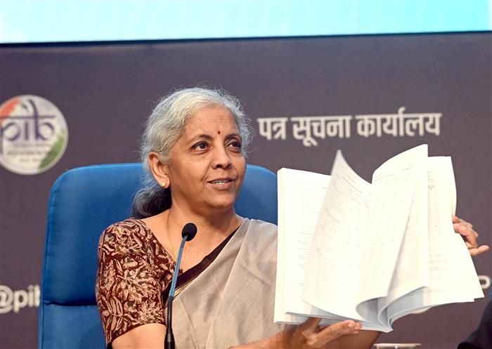 The Union Minister for Finance and Corporate Affairs, Smt. Nirmala Sitharaman addresses a Post Budget Press Conference at National Media Centre, in New Delhi on July 23, 2024.