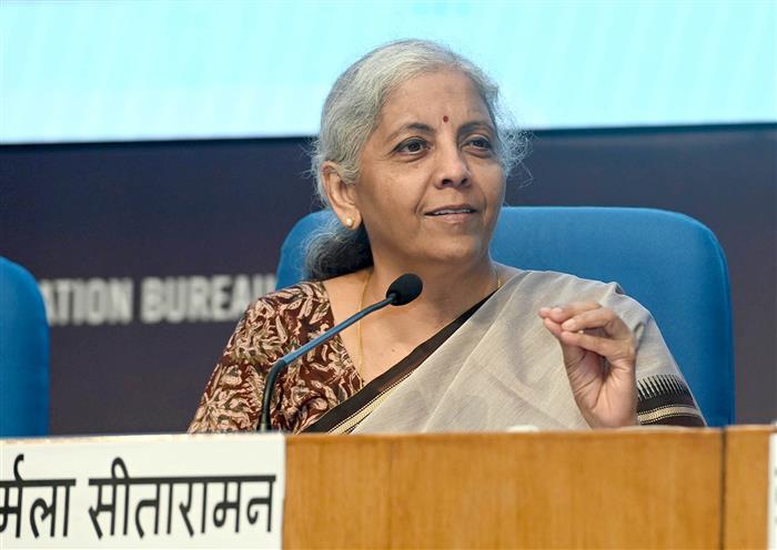 The Union Minister for Finance and Corporate Affairs, Smt. Nirmala Sitharaman addresses a Post Budget Press Conference at National Media Centre, in New Delhi on July 23, 2024.