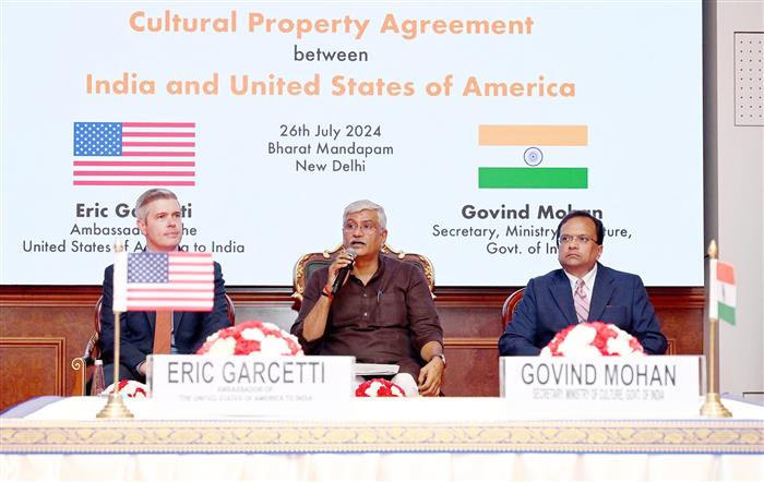 The Union Minister of Culture and Tourism, Shri Gajendra Singh Shekhawat addressing at the signing ceremony of Cultural Property Agreement between India and United States of America at Bharat Mandapam, in New Delhi on July 26, 2024.