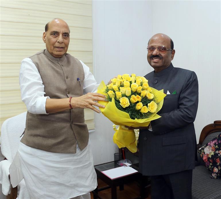 The Governor of West Bengal, Shri C V Ananda Bose calling on the Union Minister for Defence, Shri Rajnath Singh, in New Delhi on July 26, 2024.