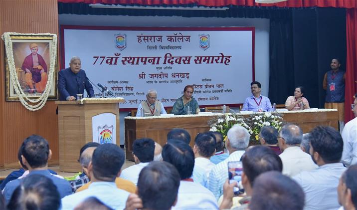 The Vice President of India, Shri Jagdeep Dhankhar addressing the gathering during the 77th Foundation Day celebrations of Hansraj College, University of Delhi, in New Delhi on July 26, 2024.