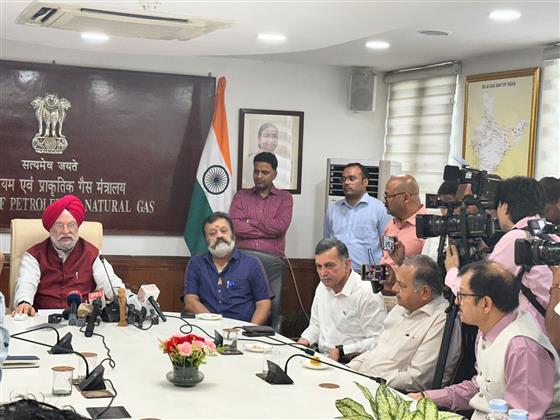 Shri Hardeep Singh Puri addressing the media after assuming charge as the Union Minister of Petroleum and Natural Gas, in New Delhi on June 11, 2024.