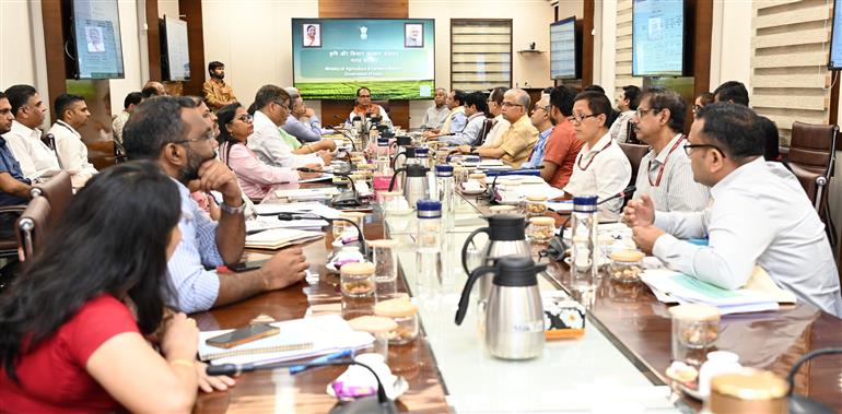 The Union Minister for Agriculture and Farmers Welfare and Rural Development, Shri Shivraj Singh Chouhan meeting with senior officials of the Agriculture and Farmers’ Welfare Department  regarding the 100-days agricultural action plan, in New Delhi on June 12, 2024.