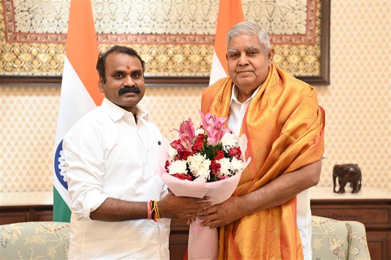 The Minister of State for Ministry of Information and Broadcasting & Ministry of Parliamentary Affairs, Dr. L. Murugan calls on the Vice President of India, Shri Jagdeep Dhankhar at Vice-President’s Enclave, in New Delhi on June 12, 2024.