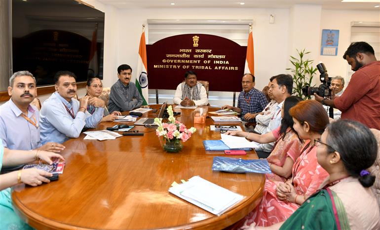 Shri Jual Oram chaired a meeting after taking charge as the Union Minister for Tribal Affairs, in New Delhi June on 14, 2024.