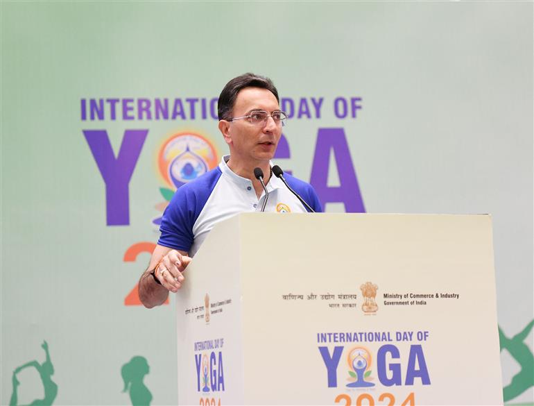 The Minister of State for Ministry of Commerce and Industry & Electronics and Information Technology, Shri Jatin Prasada addressing at the 10th International Day of Yoga celebrations at Bharat Mandapam (Pragati Maidan), in New Delhi on June 21, 2024.