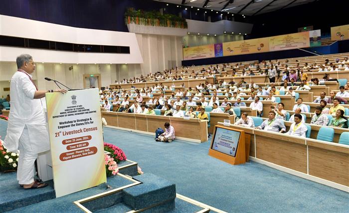 The Union Minister of Panchayati Raj and Fisheries, Animal Husbandry and Dairying, Shri Rajiv Ranjan Singh alias Lalan Singh addressing at the inauguration of “Workshop to Strategize & Empower the States/UTs on 21st Livestock Census”, in New Delhi on June 25, 2024.