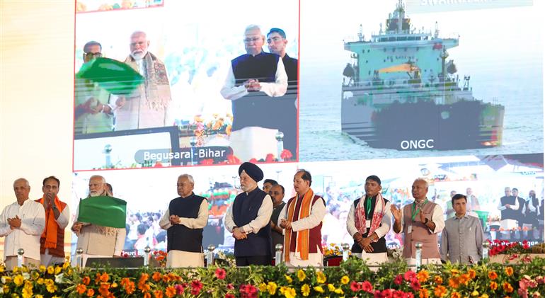 PM flags off the first crude oil tanker from the ONGC Krishna Godavari deepwater project in Begusarai, Bihar on March 02, 2024.