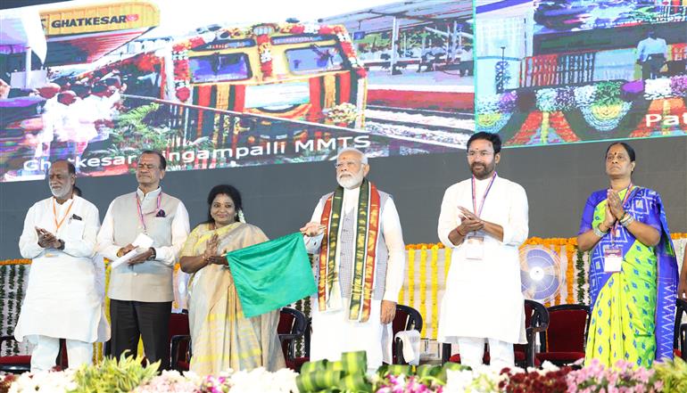 PM flags off MMTS facility between Ghatkesar and Lingampalli in Sangareddy, Telangana on March 05, 2024.