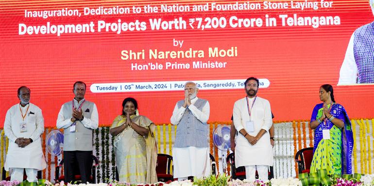 PM at foundation stone laying of multiple development projects at Sangareddy, in Telangana on March 05, 2024. 