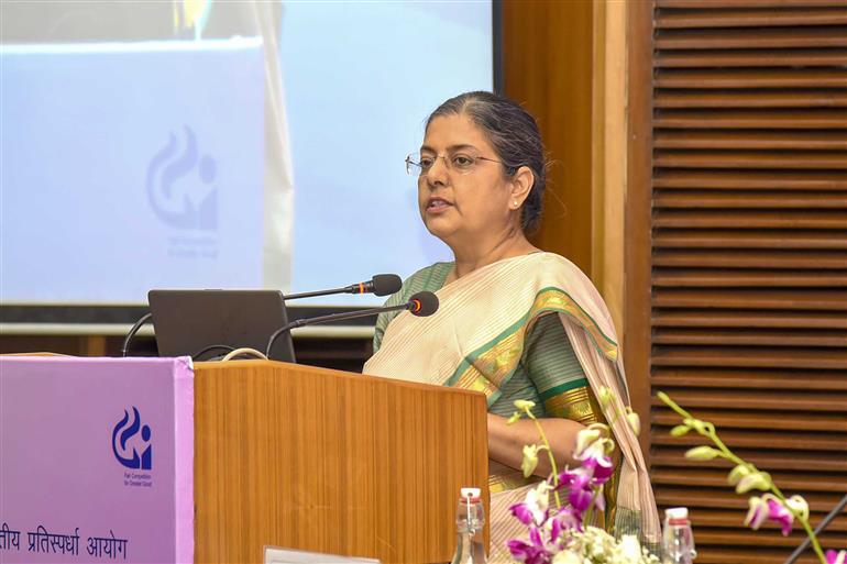 The Chairperson, Competition Commission of India (CCI), Ms. Ravneet Kaur addressing the 9th National Conference on Economics of Competition Law, in New Delhi on March 05, 2024.