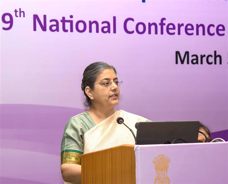 The Chairperson, Competition Commission of India (CCI), Ms. Ravneet Kaur addressing the 9th National Conference on Economics of Competition Law, in New Delhi on March 05, 2024.