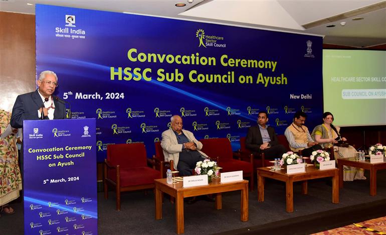 The Chairperson of National Commission for Indian System of Medicine (NCISM), Shri. Vaidya Jayant Deopujari addressing at the Convocation Ceremony of Ayush Skilled Professionals Oraganized by Healthcare Sector Skill Council in Association with National Commission for Indian System of Medicine (NCISM) at India Habitat Center, in New Delhi on March 05, 2024.