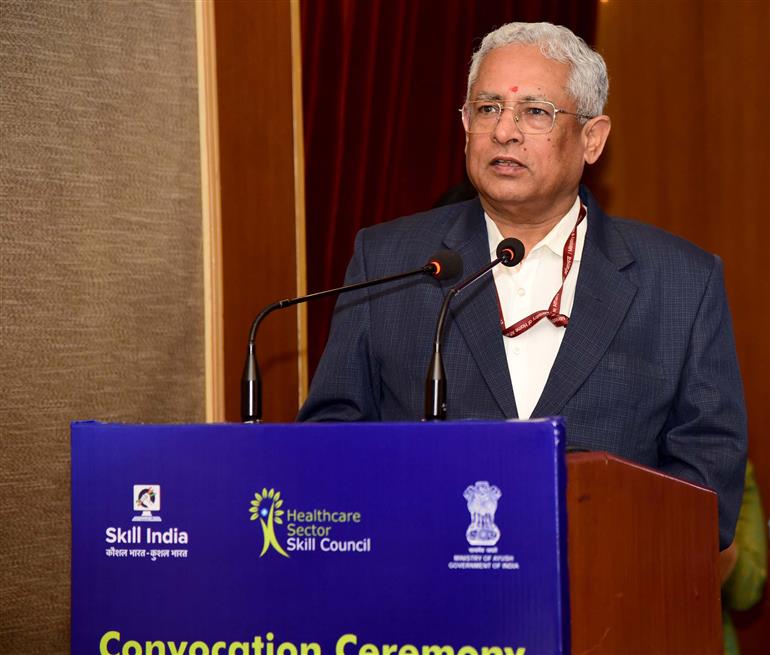 The Chairperson of National Commission for Indian System of Medicine (NCISM), Shri. Vaidya Jayant Deopujari addressing at the Convocation Ceremony of Ayush Skilled Professionals Oraganized by Healthcare Sector Skill Council in Association with National Commission for Indian System of Medicine (NCISM) at India Habitat Center, in New Delhi on March 05, 2024.