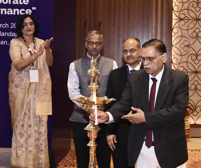 The Chairperson, National Company Law Appellate Tribunal, Justice Ashok Bhushan lighting the lamp at inaugural edition of international conference on ‘Transparent Financial Reporting and Audit Quality: Pillars of Corporate Governance’ organised by National Financial Reporting Authority (NFRA) at Bharat Mandapam, in New Delhi on March 05, 2024. 