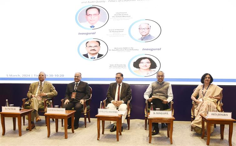 The Chairperson, National Company Law Appellate Tribunal, Justice Ashok Bhushan attends inaugural edition of international conference on ‘Transparent Financial Reporting and Audit Quality: Pillars of Corporate Governance’ organised by National Financial Reporting Authority (NFRA) at Bharat Mandapam, in New Delhi on March 05, 2024. 