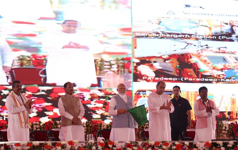 PM flags off the New Train between Paradeep to Kendujhargarh at Chandikhole, in Odisha on March 05, 2024.