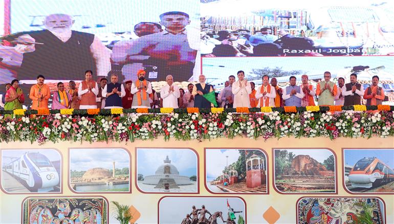 PM flags off two new train services between Narkatiaganj to Gaunaha and Raxaul to Jogbani during the laying foundation stone of multiple development projects at Bettiah, in Bihar on March 06, 2024.
