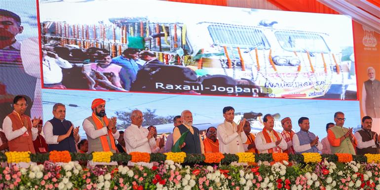 PM flags off two new train services between Narkatiaganj to Gaunaha and Raxaul to Jogbani during the laying foundation stone of multiple development projects at Bettiah, in Bihar on March 06, 2024.