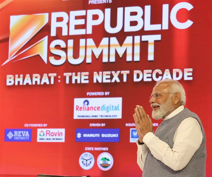 प्रधानमंत्री नरेन्द्र मोदी 07 मार्च, 2024 को नई दिल्ली में रिपब्लिक समिट 2024 को संबोधित करते हुए।