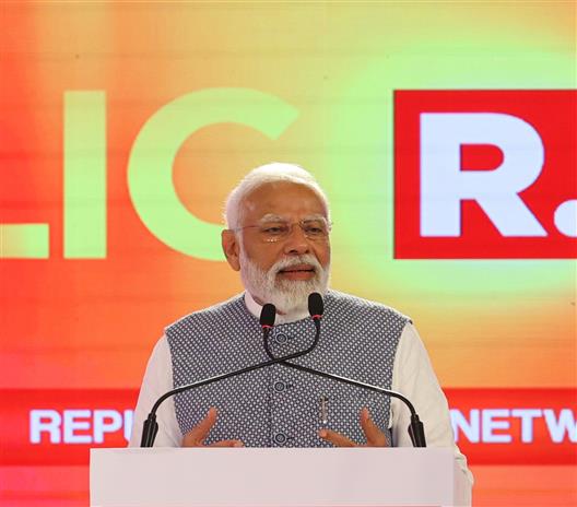 प्रधानमंत्री नरेन्द्र मोदी 07 मार्च, 2024 को नई दिल्ली में रिपब्लिक समिट 2024 को संबोधित करते हुए।