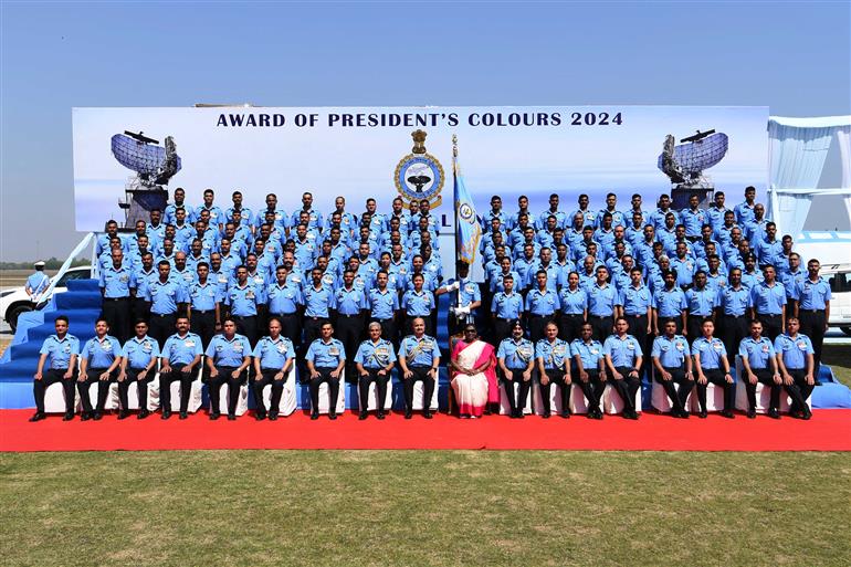 The President of India, Smt Droupadi Murmu in a group photograph during the Award of President’s Standard and President’s Colours at Air Force Station (Hindon), in Uttar Pradesh on March 08, 2024.