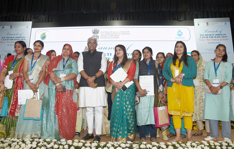 The Union Minister for Jal Shakti, Shri Gajendra Singh Shekhawat in a group photograph during the launch of Jal Shakti Abhiyan: Catch the Rain - 2024 campaign on the theme “Nari Shakti se Jal Shakti” at NDMC Convention Centre, in New Delhi on March 09, 2024.