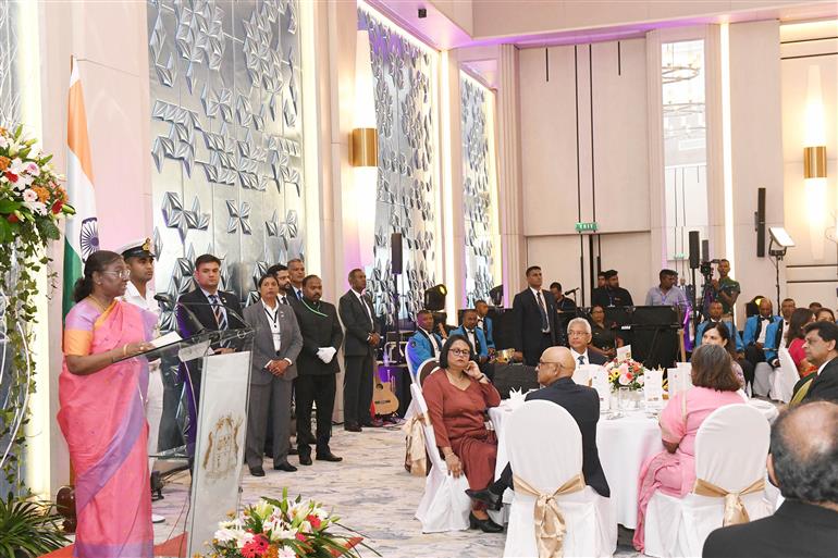 The President of India, Smt. Droupadi Murmu addressing at the banquet hosted by the Prime Minister of Mauritius, Mr. Pravind Jugnauth at Continental hotel, in Mauritius on March 11, 2024.