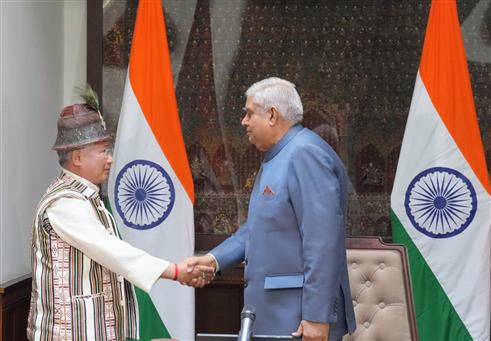 The Vice President of India and Chairman, Rajya Sabha, Shri Jagdeep Dhankhar administering oath to the newly elected member of Rajya Sabha from Sikkim, Shri Dorjee Tshering Lepcha at Parliament House, in New Delhi on March 12, 2024.