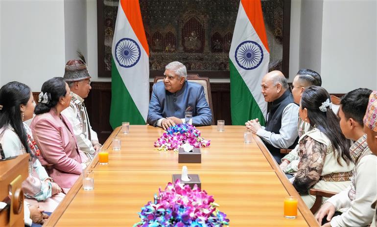 The Vice President of India and Chairman, Rajya Sabha, Shri Jagdeep Dhankhar administering oath to the newly elected member of Rajya Sabha from Sikkim, Shri Dorjee Tshering Lepcha at Parliament House, in New Delhi on March 12, 2024.