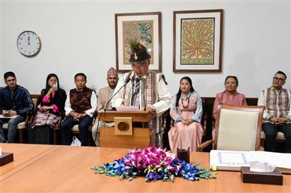 The Vice President of India and Chairman, Rajya Sabha, Shri Jagdeep Dhankhar administering oath to the newly elected member of Rajya Sabha from Sikkim, Shri Dorjee Tshering Lepcha at Parliament House, in New Delhi on March 12, 2024.