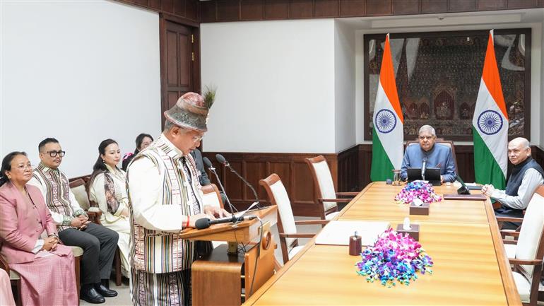 The Vice President of India and Chairman, Rajya Sabha, Shri Jagdeep Dhankhar administering oath to the newly elected member of Rajya Sabha from Sikkim, Shri Dorjee Tshering Lepcha at Parliament House, in New Delhi on March 12, 2024.