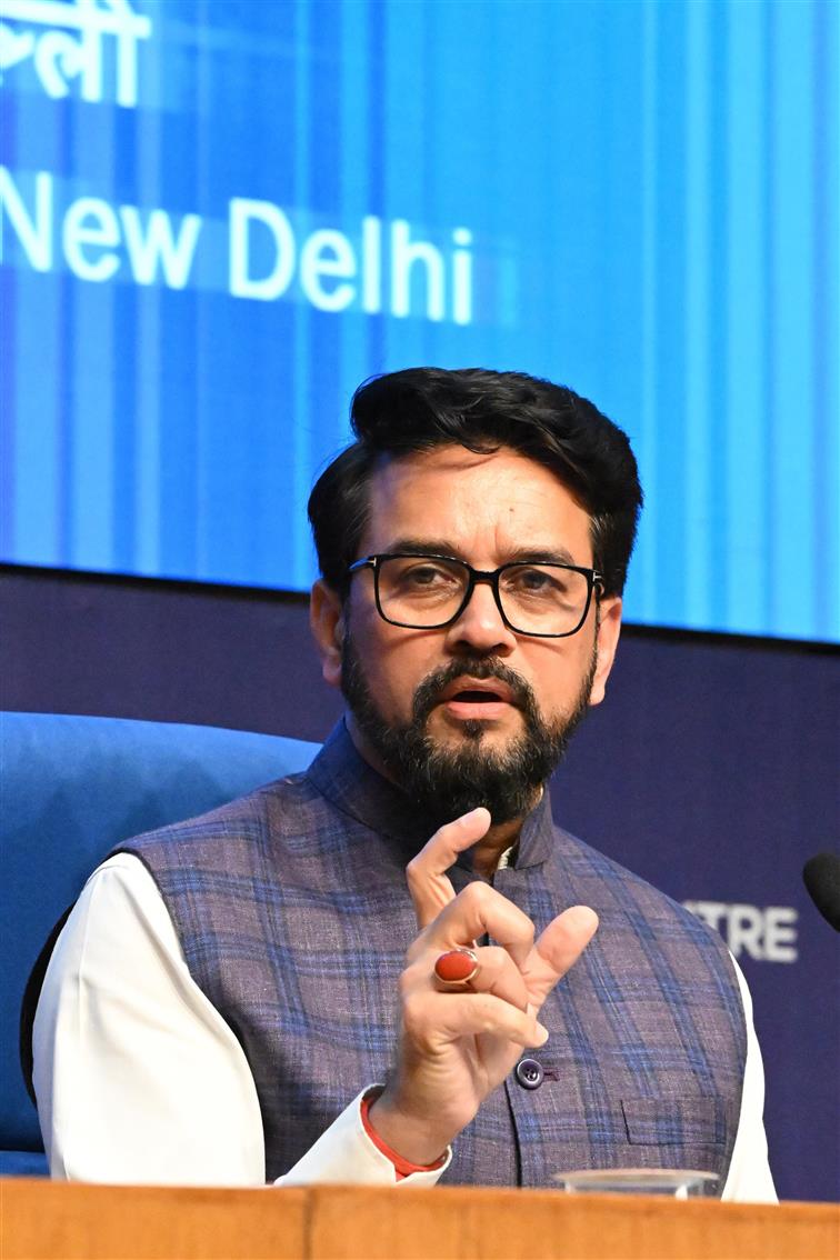 The Union Minister for Information & Broadcasting, Youth Affairs and Sports, Shri Anurag Singh Thakur briefing the media on Cabinet decisions at National Media Centre, in New Delhi on March 13, 2024.