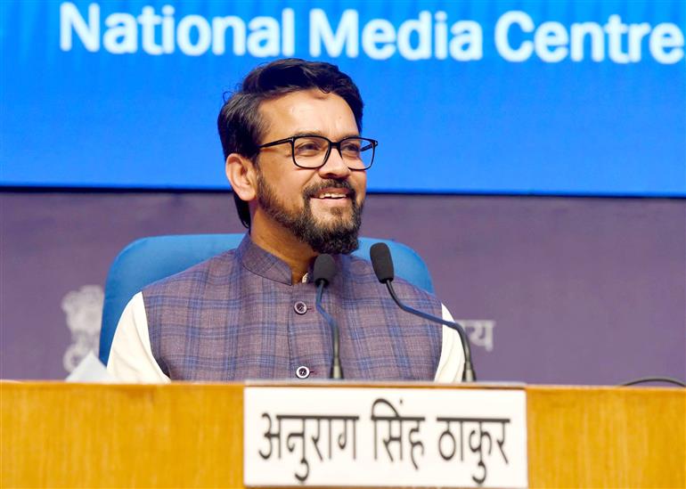 The Union Minister for Information & Broadcasting, Youth Affairs and Sports, Shri Anurag Singh Thakur briefing the media on Cabinet decisions at National Media Centre, in New Delhi on March 13, 2024.