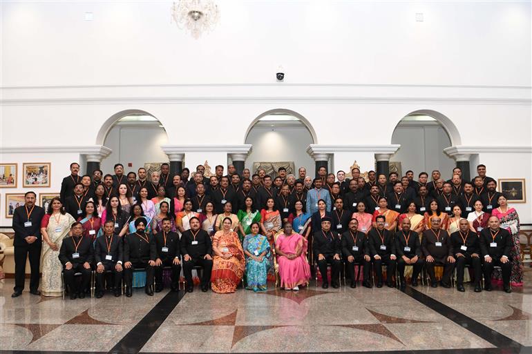 The President of India, Smt. Droupadi Murmu in a group photograph during the program of call on by State civil services officers attending the 125th Induction Training Programme at Lal Bahadur Shastri National Academy of Administration (LBSNAA), Mussoorie at Rashtrapati Bhavan, in New Delhi on March 18, 2024.