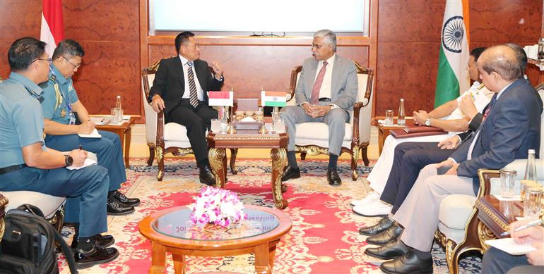 The Defence Secretary, Shri Giridhar Aramane meets the Secretary General of the Ministry of Defence, Indonesia, Air Marshal Donny Ermawan Taufanto, M.D.S., in New Delhi on May 03, 2024.