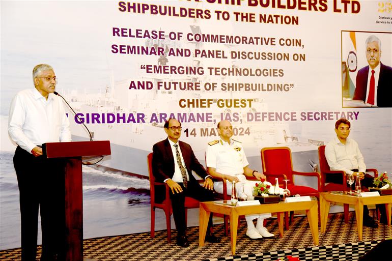 The Defence Secretary, Shri Giridhar Aramane addressing a gathering during Mazagon Dock Shipbuilders Limited’s 250th Foundation Day event, in Mumbai on May 14, 2024.
 

