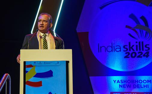 The Secretary, Ministry of Skill Development & Entrepreneurship, Shri Atul Kumar Tiwari addressing at the opening ceremony of India Skills National Competition 2023-2024 at Brahm Kamal Auditorium (Yashobhoomi) Dwarka, in Delhi on May 15, 2024.